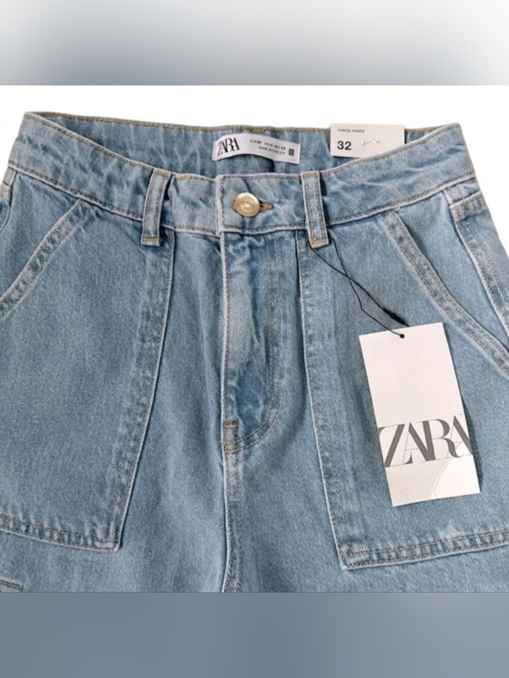 Zara Light Blue Wide Leg Cargo Jeans - Picture 3 of 3